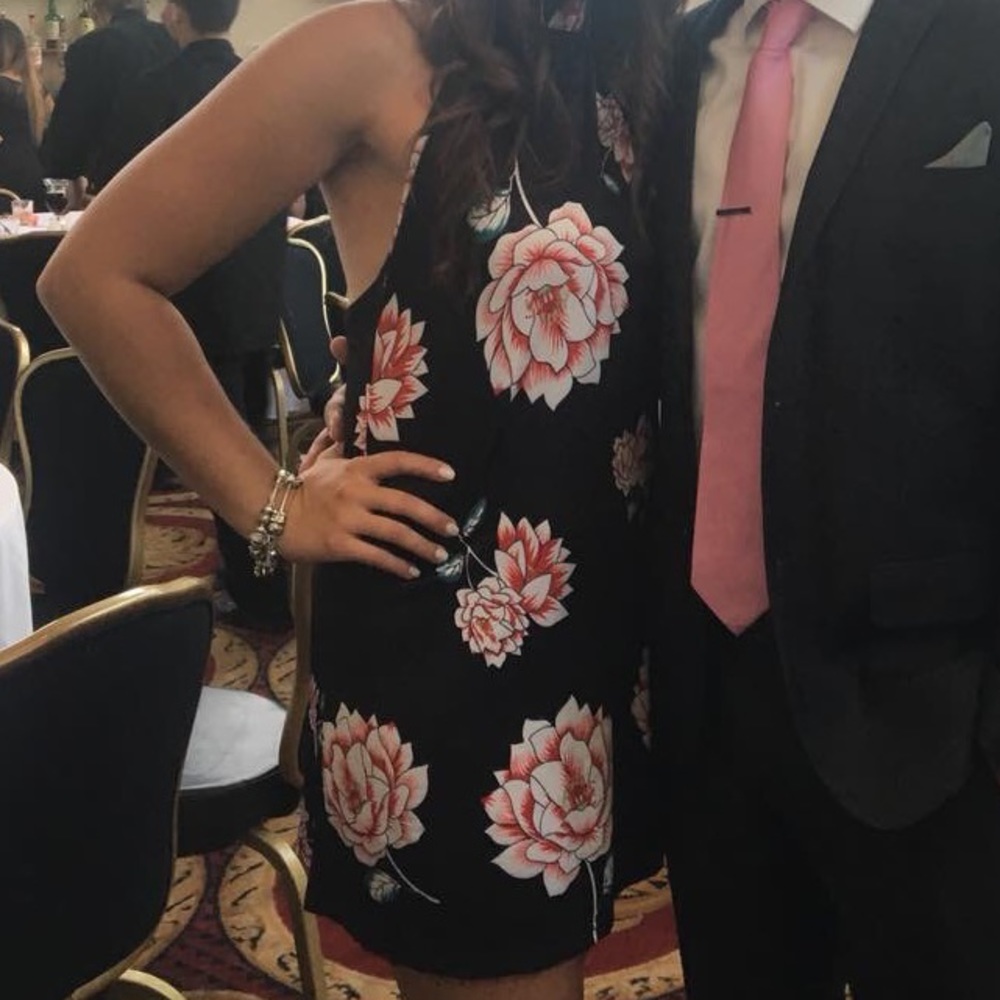 Low-Back Black Floral Halter Neck Tie Dress